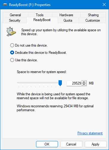 ReadyBoost device options inside of Windows 11