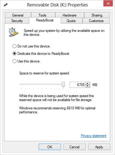 ReadyBoost options for a USB flash drive inside of Windows 8