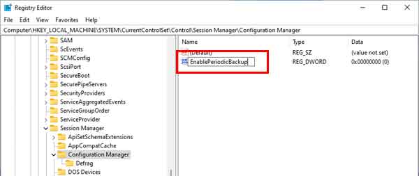 Registry Editor open to EnablePeriodicBackup value