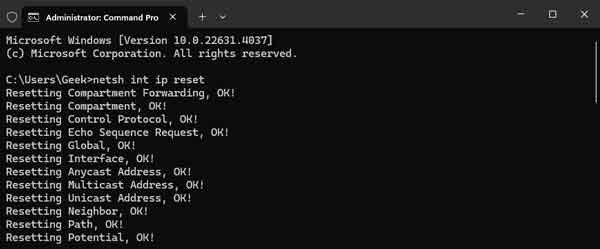 Reset the TCP/IP stack and Winsock interface using an administrator command prompt