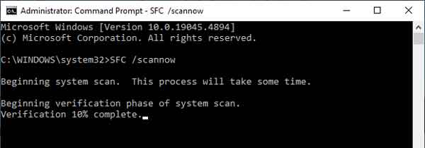 SFC running inside of Windows 10 Administrative Command Prompt