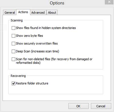 The advanced scanning options inside of Recuva