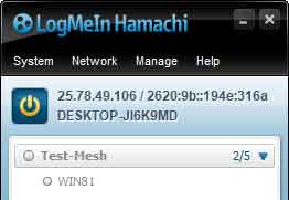 Screen capture of LogMeIn Hamachi