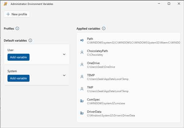 Screen capture of the Environment Variables PowerToy