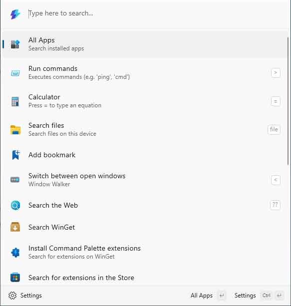 Screen capture of the Command Palette PowerToy for Windows 10 / Windows 11