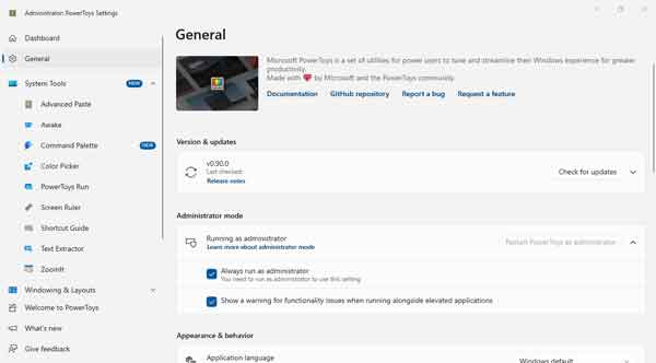 Screen capture of the PowerToys General Settings for Windows 10 / Windows 11