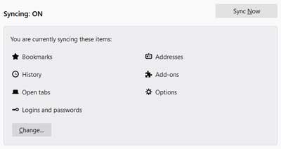 Screenshot of Firefox sync settings