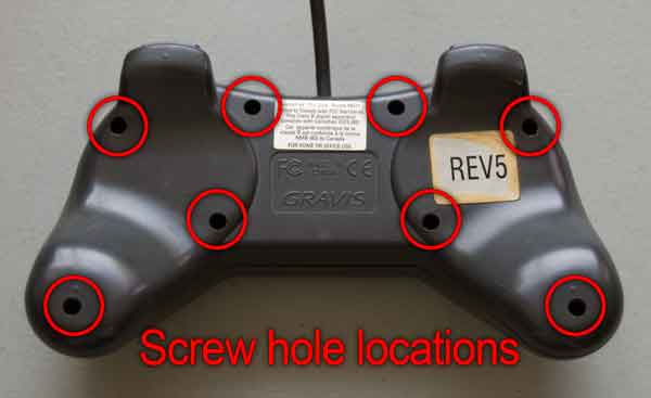 Screw hole locations on bottom of Gravis Gamepad Pro