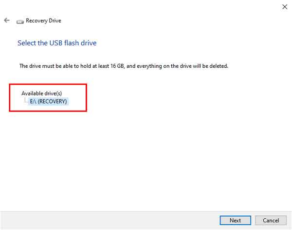 Select the USB drive screen in the Recovery Drive program