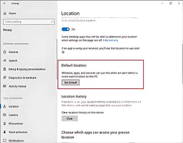 Set default location button inside of the Windows 10 Settings