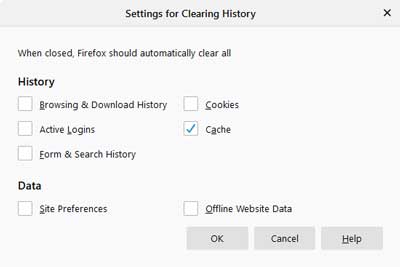 Settings for clearing the history inside of Firefox