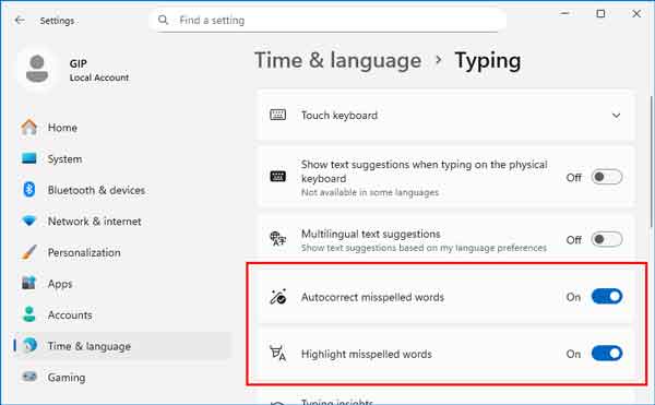 Spell-checking settings inside Windows 11