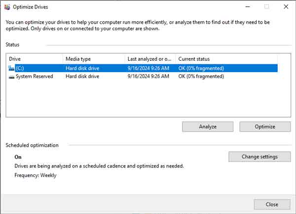 standard drive defragment and optimization in Windows 10