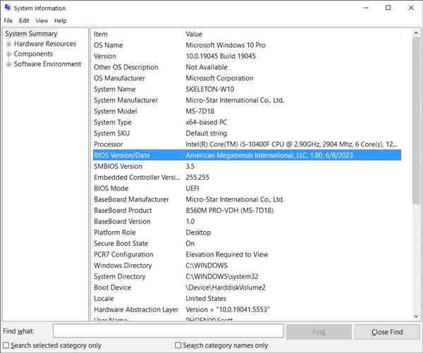 System Information with BIOS version highlighted