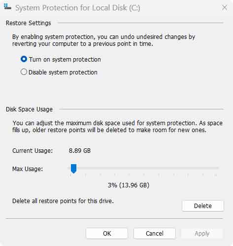 System Protection settings in Windows 11