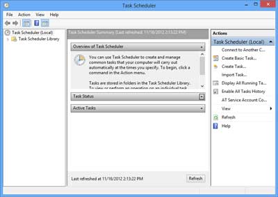 The main screen for Task Scheduler inside of Windows 8