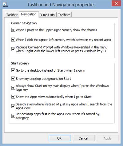 Taskbar and navigation properties inside of Windows 8.1 Preview