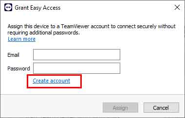 TeamViewer Assign to account screen with Create account highlighted