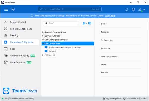 TeamViewer Computer and Contacts category with the computers associated with your account listed