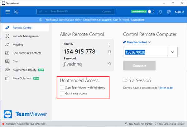 TeamViewer Remote Control category with the Unattended Access options highlighted