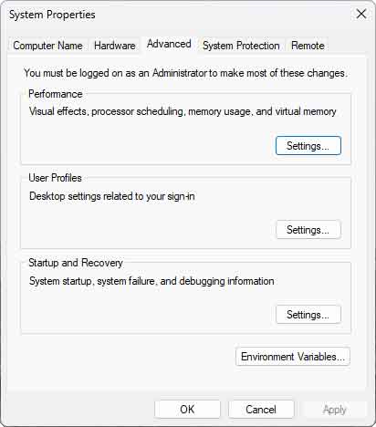 The Advanced tab inside System Properties in Windows 11
