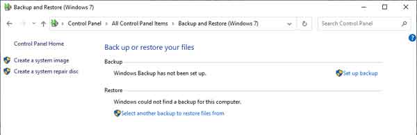 The Backup and Restore app running on Windows 10