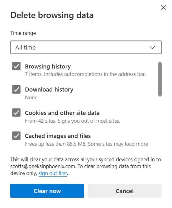 The Clear browsing data dialog box inside of Microsoft Edge