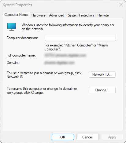 The Computer Name tab inside System Properties in Windows 11
