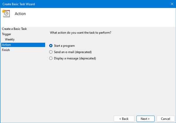 The Create Basic Task Wizard Action screen