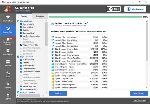 The Custom Clean tab inside of CCleaner