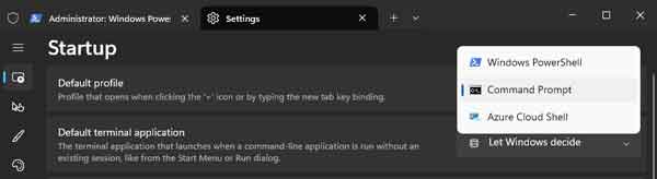 The Default profile pull down menu for Windows Terminal inside of Windows 11