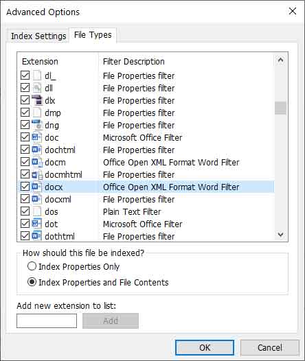 The File Types tab inside of the Advanced Options for Indexing Options in Windows 10 and Windows 11