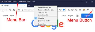 The Firefox Menu Bar and Menu Button locations