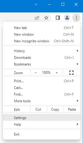 The Google Chrome options menu with Settings highlighted