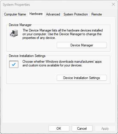 The Hardware tab inside System Properties in Windows 11