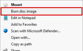 The ISO file context menu with burn disc image highlighted