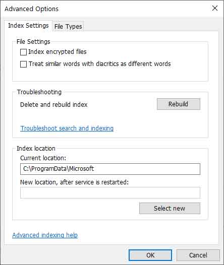 The Index Settings tab inside of the Advanced Options for Indexing Options in Windows 10 and Windows 11