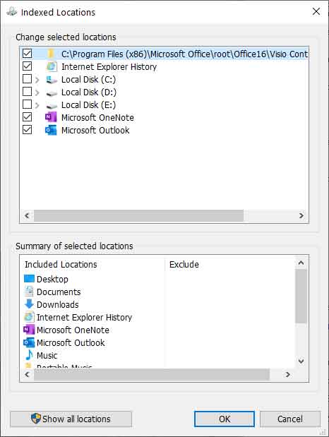 The Indexed Locations windows inside of Indexing Options in Windows 10 and Windows 11