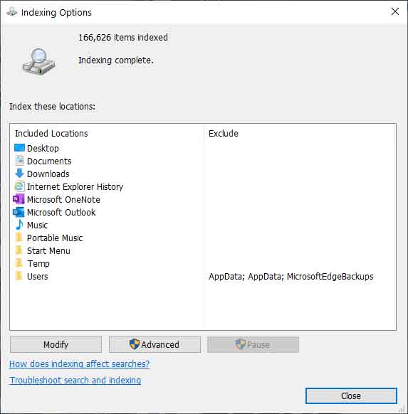 The Indexing Options main window in Windows 10 and Windows 11