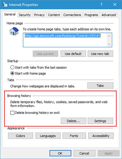 The Internet Properties General tab inside of Windows 10