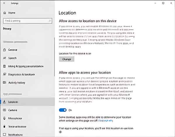 The Location section inside of the Windows 10 Settings