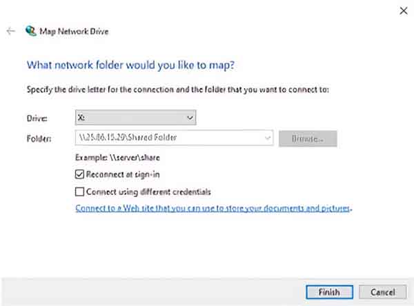 The Map Network Drive dialog box inside of Windows 10