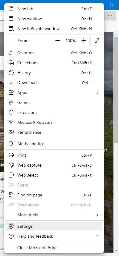 The Microsoft Edge options menu with Settings highlighted