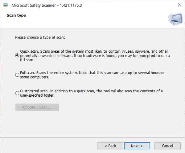 The Microsoft Safety Scanner user interface