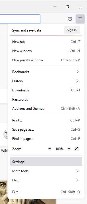 The Mozilla Firefox options menu with Settings highlighted