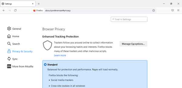 The Privacy and Security section of Mozilla Firefox