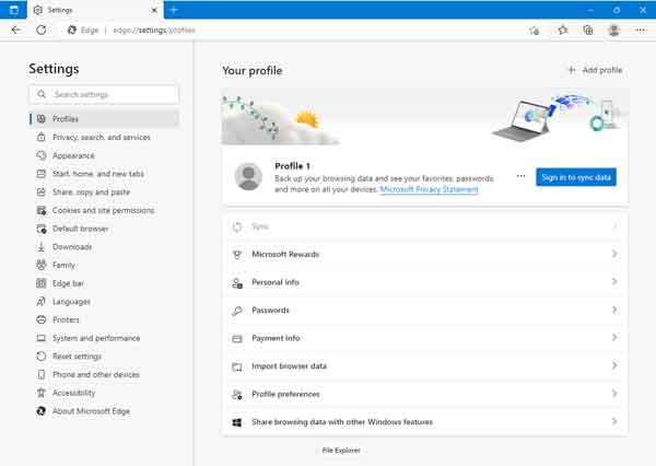 The Profile section of Microsoft Edge