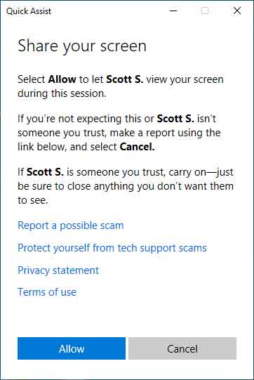 The Quick Assist share your screen dialog box