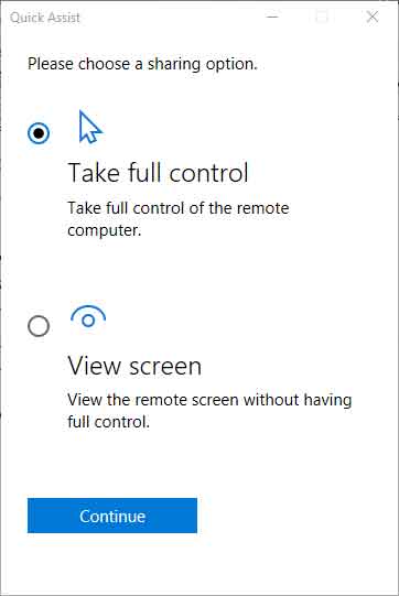 The Quick Assist sharing option dialog box
