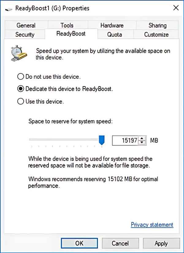 The ReadyBoost tab inside of USB flash drive Properties dialog box